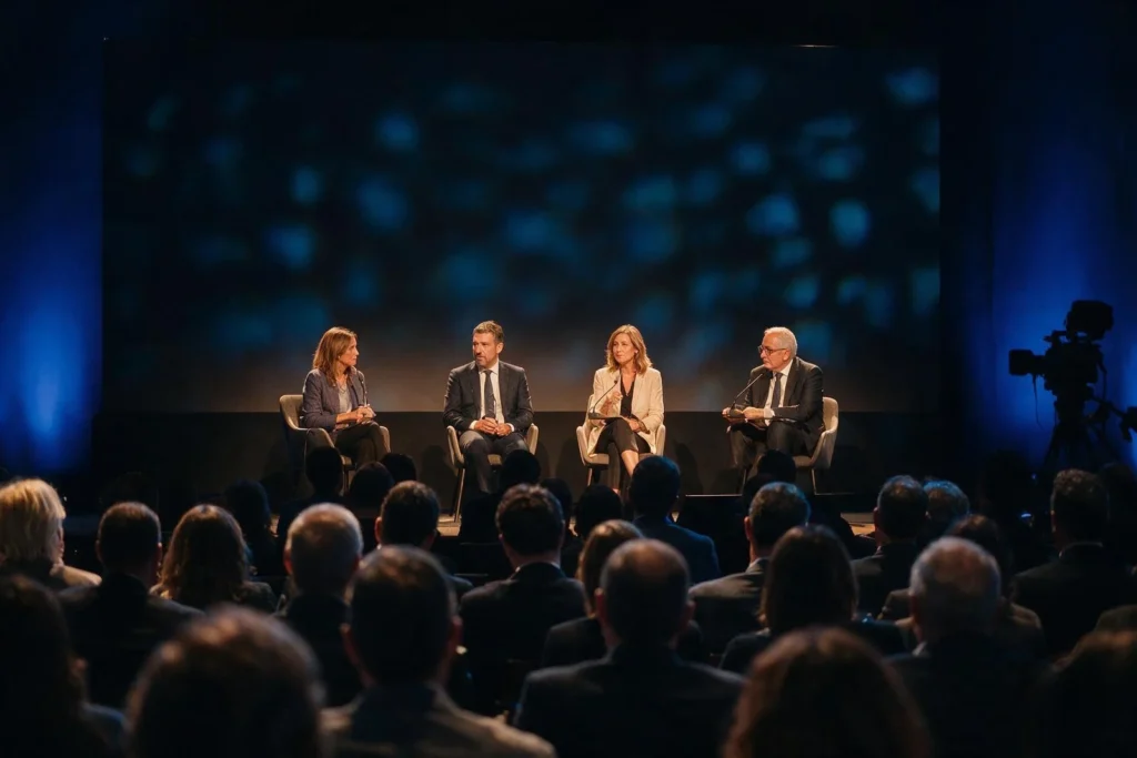 Escenario de una presentación de producto con iluminación de marca
