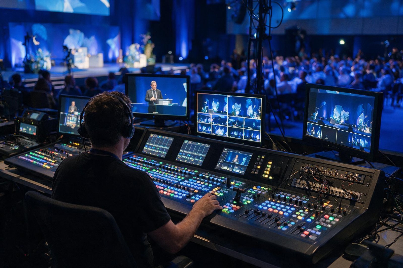 Equipo de realización controlando un streaming para un congreso