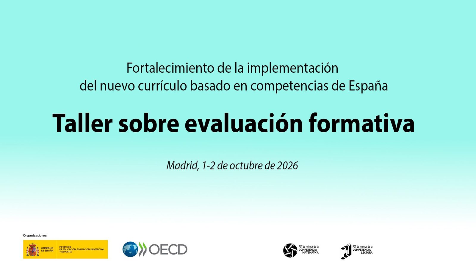 Cartela del Taller sobre evaluación formativa del Ministerio de Educación, Formación Profesional y Deportes y la OCDE, Madrid, 1-2 de octubre de 2026